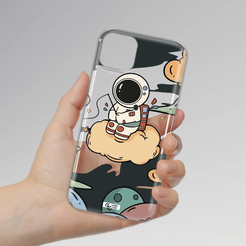 a cartoon astronaut sitting on a cloud Apple iPhone 14 plus Clear TPU Case