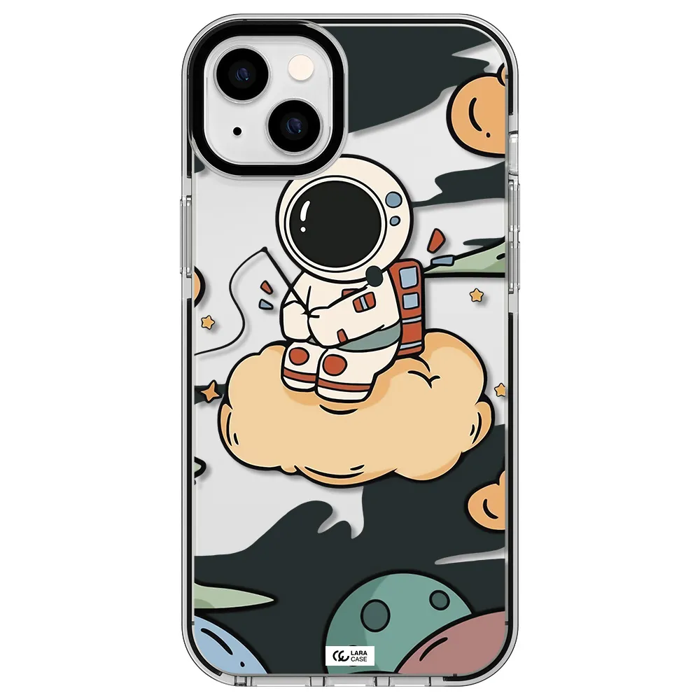 a cartoon astronaut sitting on a cloud Apple iPhone 14 plus impact black border Case
