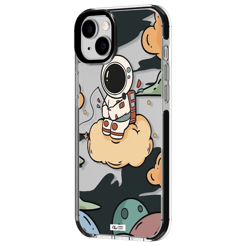 a cartoon astronaut sitting on a cloud Apple iPhone 14 plus impact black border Case