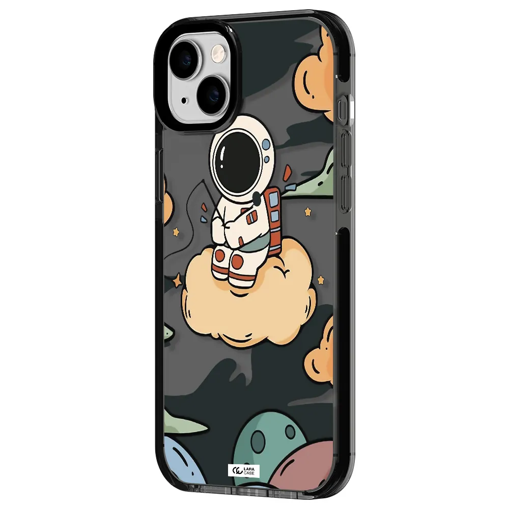 a cartoon astronaut sitting on a cloud Apple iPhone 14 plus impact Smoke Black Case