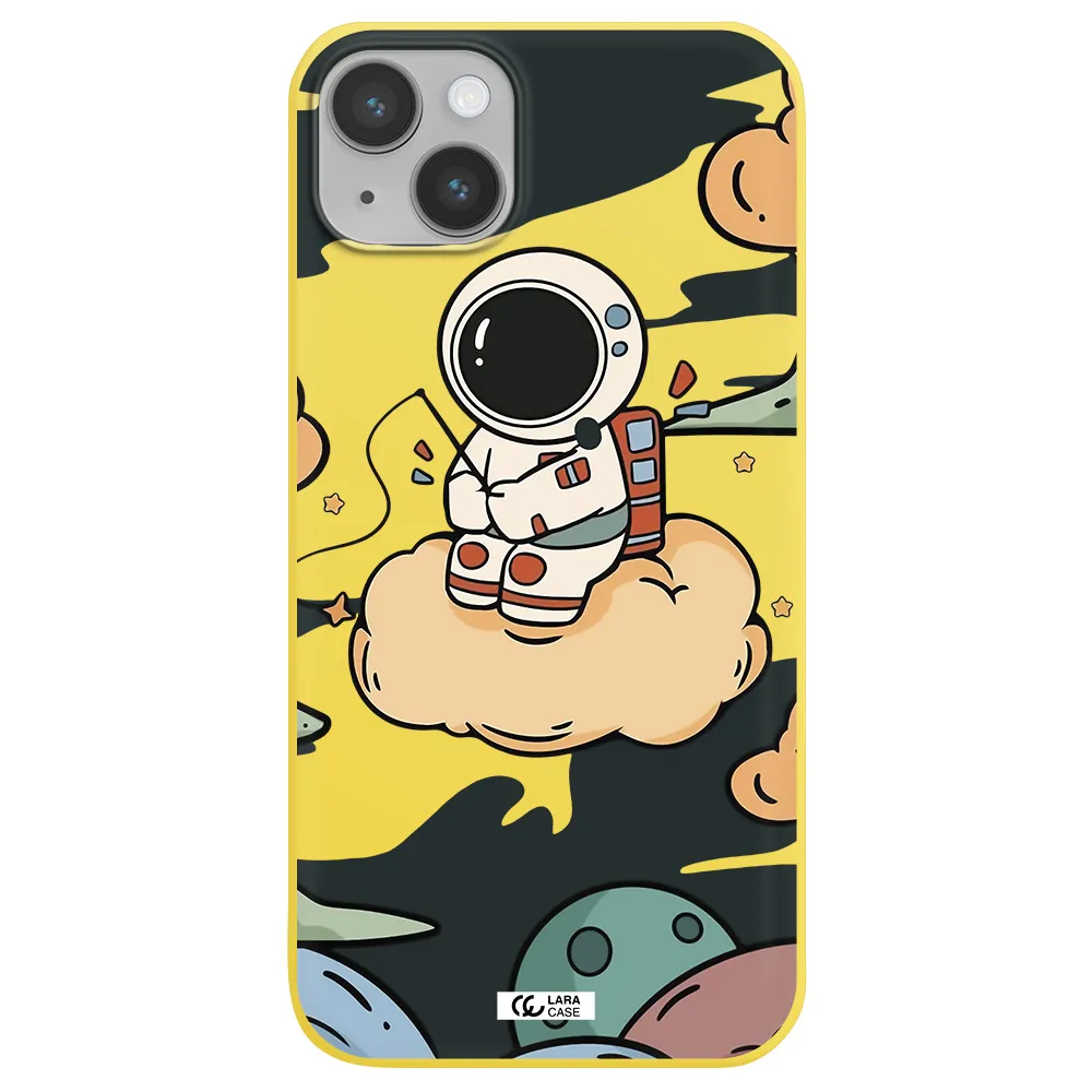 a cartoon astronaut sitting on a cloud Apple iPhone 14 plus Silicone canary yellow Case