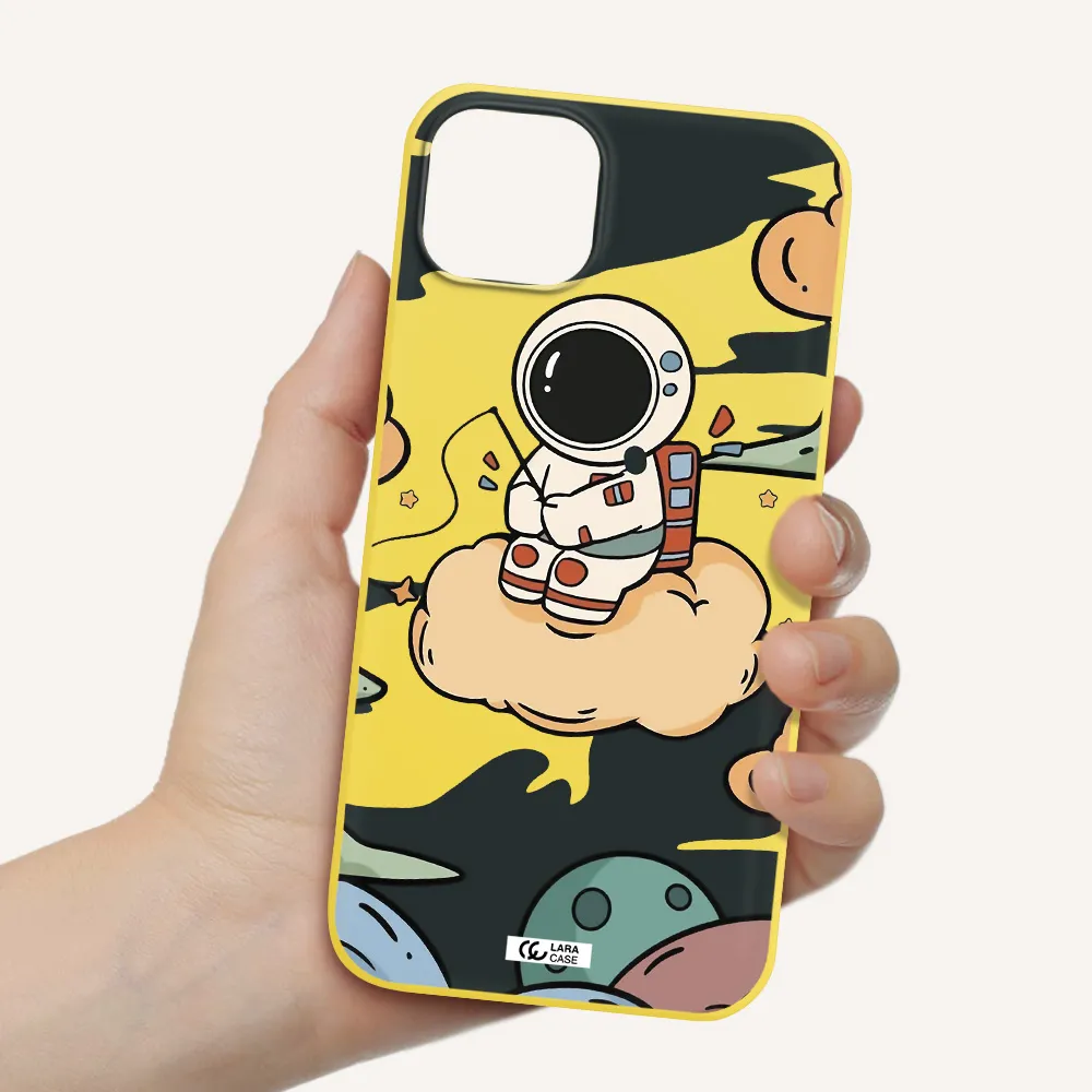 a cartoon astronaut sitting on a cloud Apple iPhone 14 plus Silicone canary yellow Case