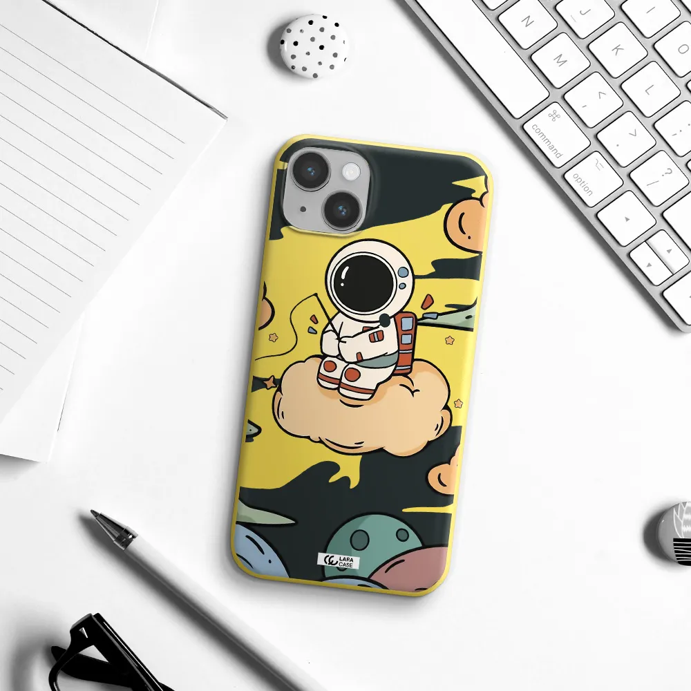 a cartoon astronaut sitting on a cloud Apple iPhone 14 plus Silicone canary yellow Case
