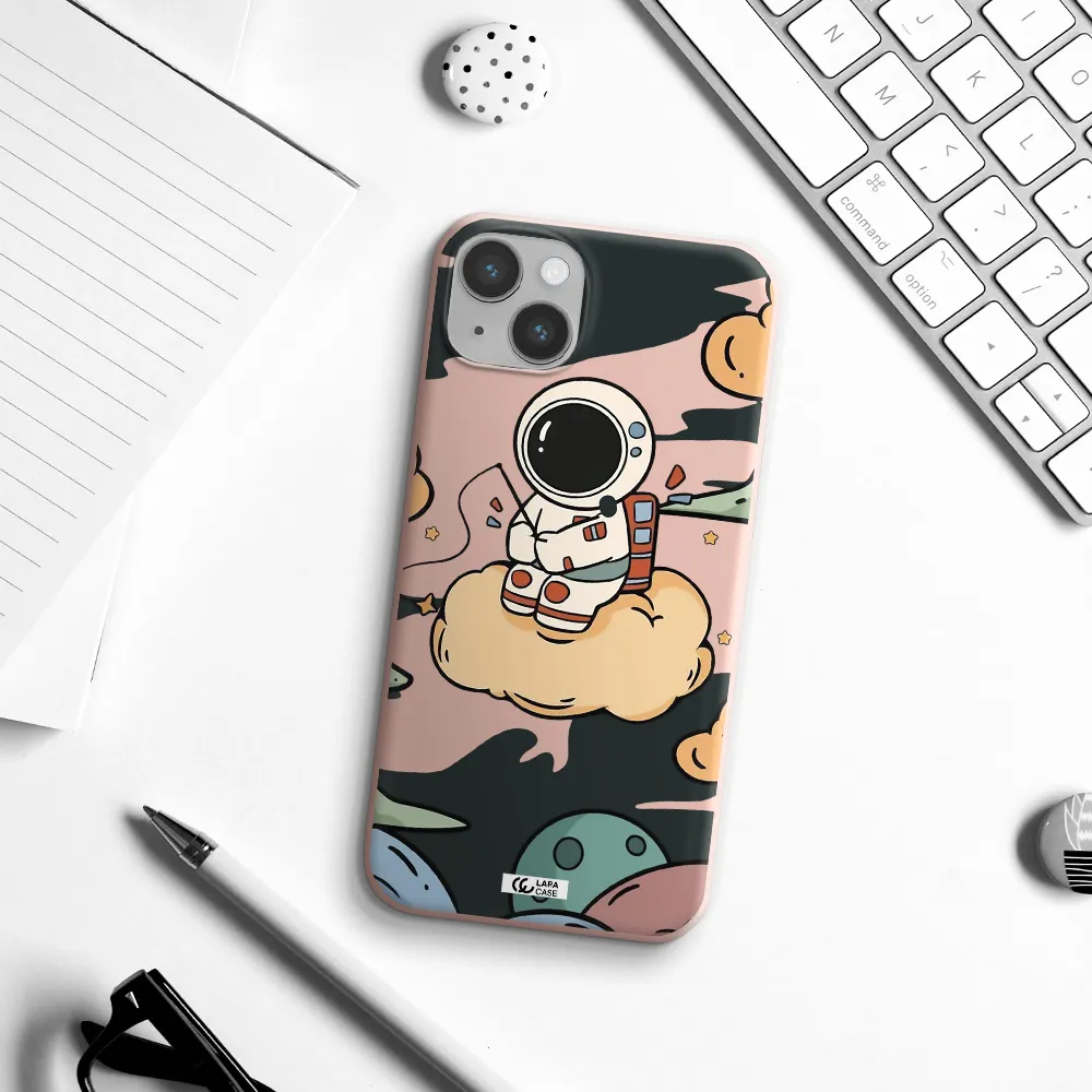 a cartoon astronaut sitting on a cloud Apple iPhone 14 plus Silicone pastel pink Case
