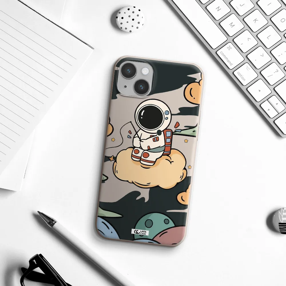 a cartoon astronaut sitting on a cloud Apple iPhone 14 plus Silicone Stone Case