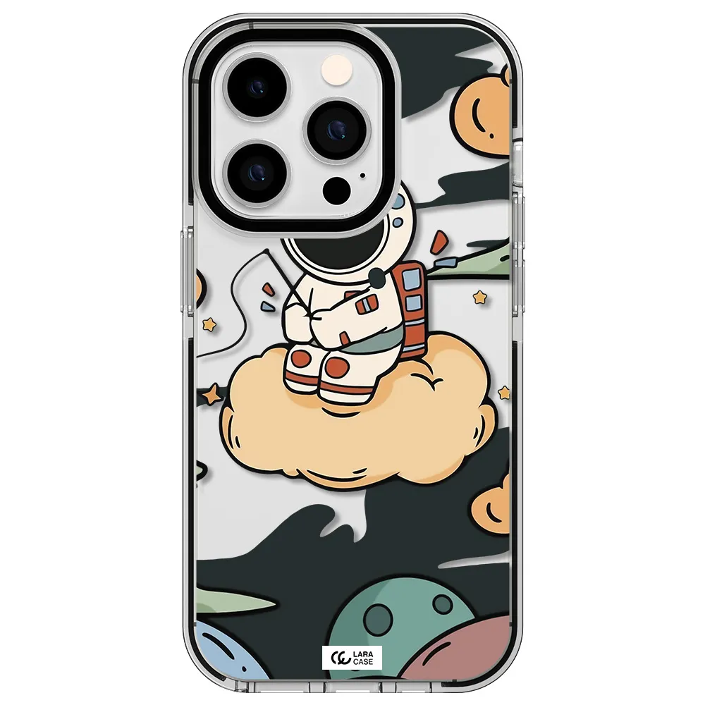 a cartoon astronaut sitting on a cloud Apple iPhone 14 pro impact black border Case