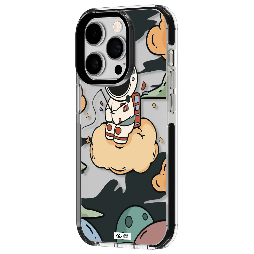 a cartoon astronaut sitting on a cloud Apple iPhone 14 pro impact black border Case
