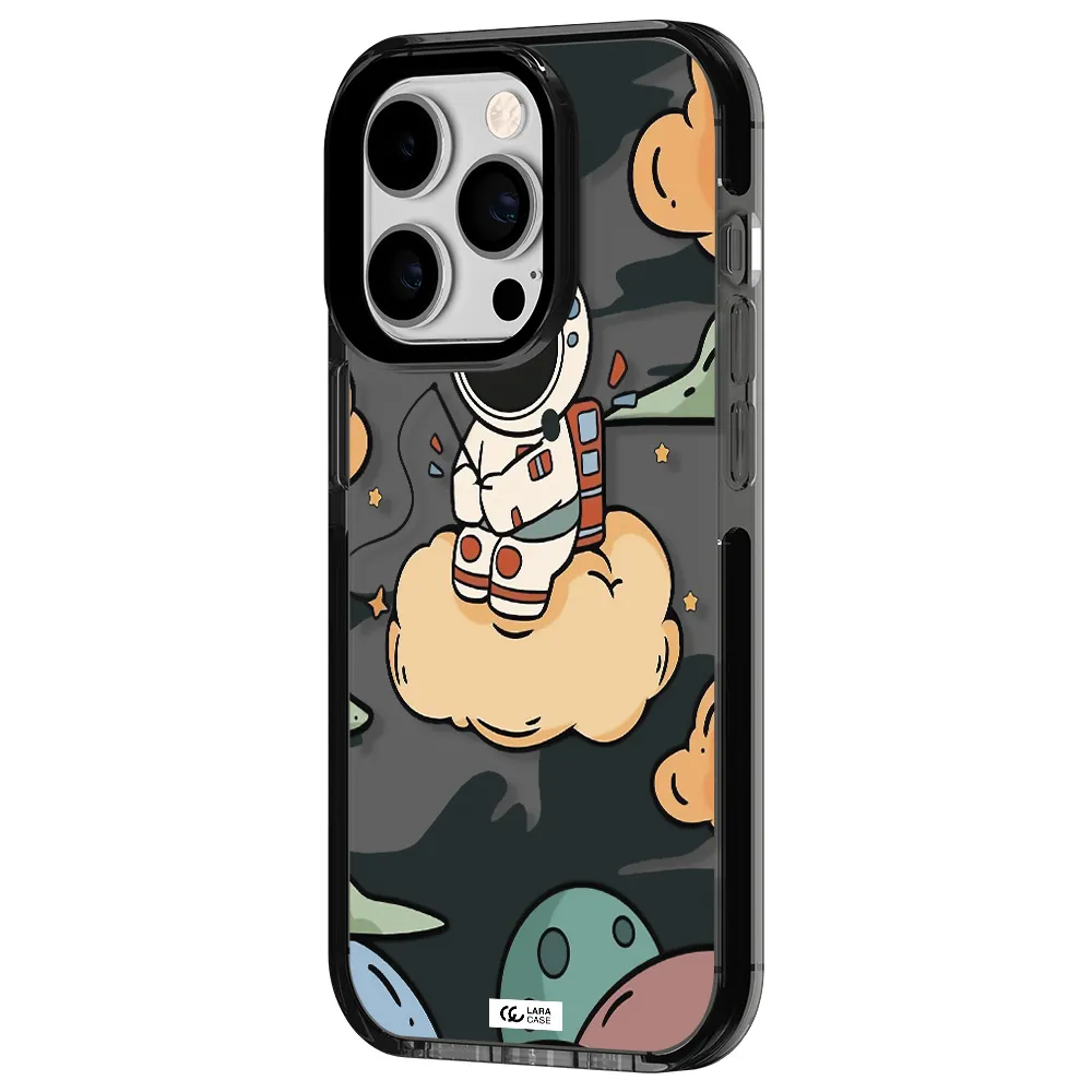 a cartoon astronaut sitting on a cloud Apple iPhone 14 pro impact Smoke Black Case