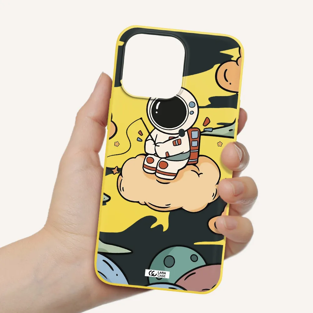 a cartoon astronaut sitting on a cloud Apple iPhone 14 pro max Silicone canary yellow Case