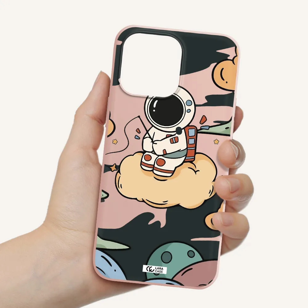 a cartoon astronaut sitting on a cloud Apple iPhone 14 pro max Silicone pastel pink Case