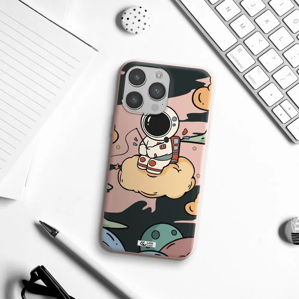 a cartoon astronaut sitting on a cloud Apple iPhone 14 pro max Silicone pastel pink Case