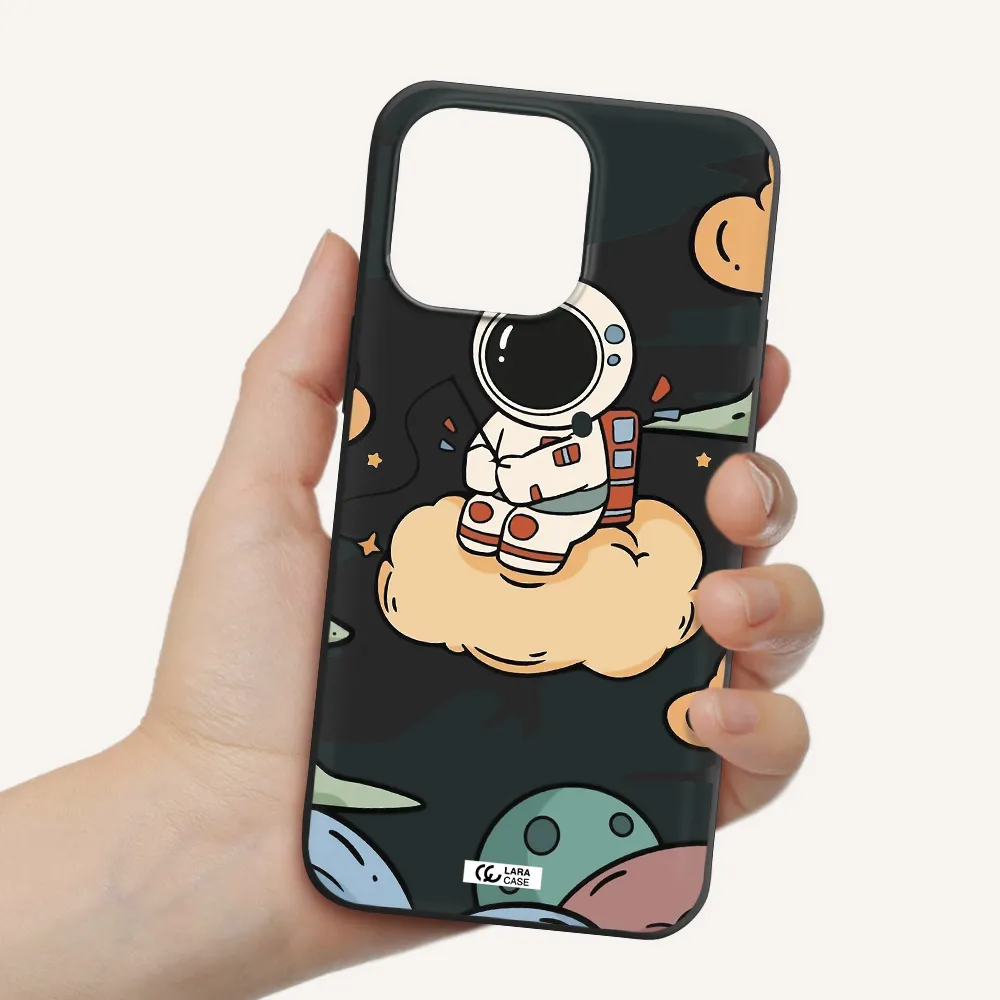 a cartoon astronaut sitting on a cloud Apple iPhone 14 pro Silicone black Case
