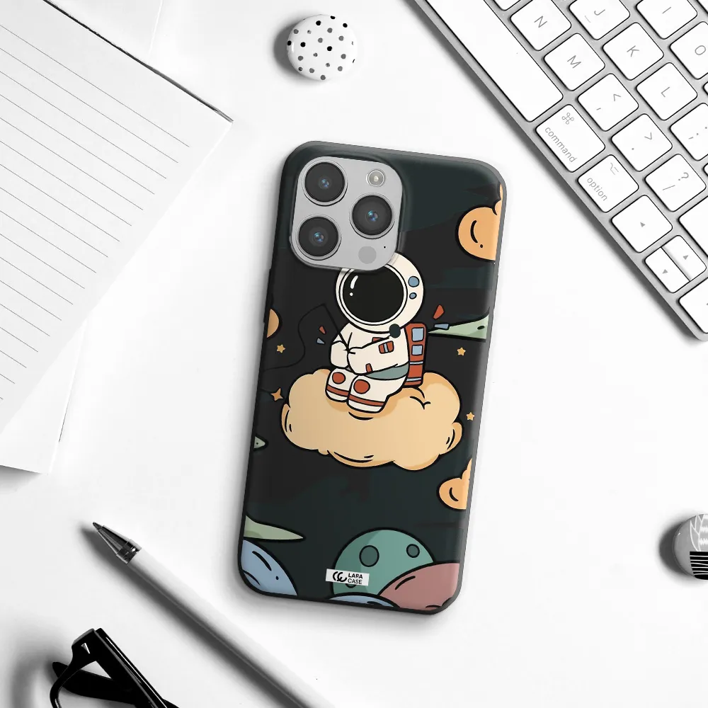 a cartoon astronaut sitting on a cloud Apple iPhone 14 pro Silicone black Case