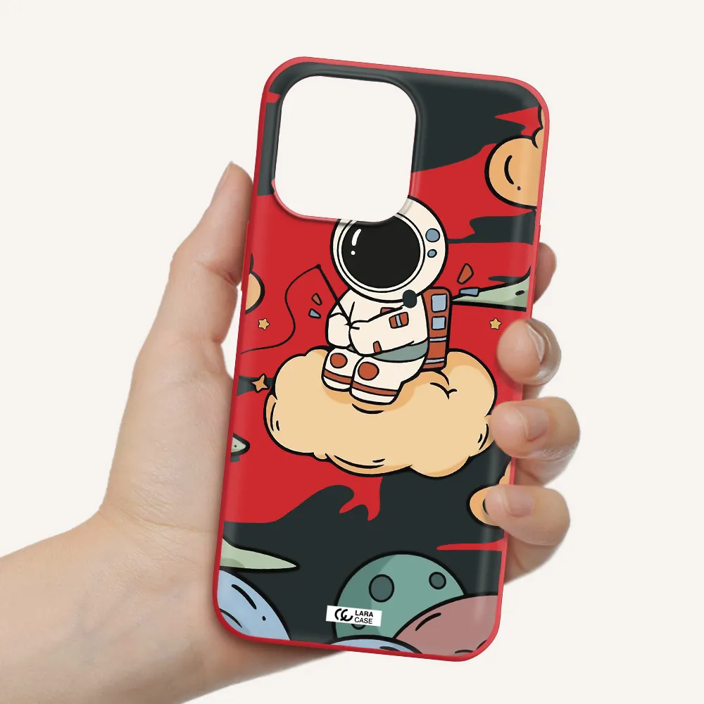 a cartoon astronaut sitting on a cloud Apple iPhone 14 pro Silicone Imperial Red Case