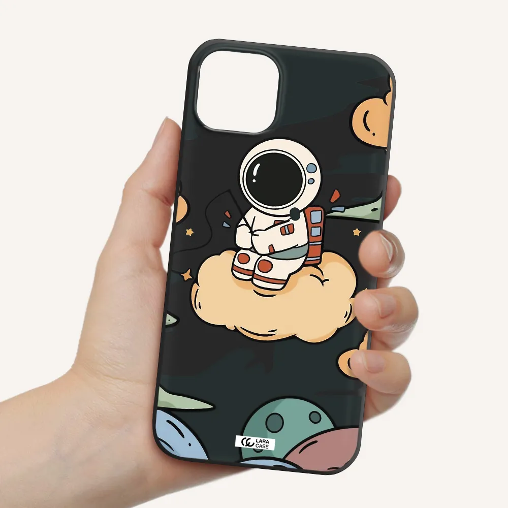 a cartoon astronaut sitting on a cloud Apple iPhone 14 Silicone black Case