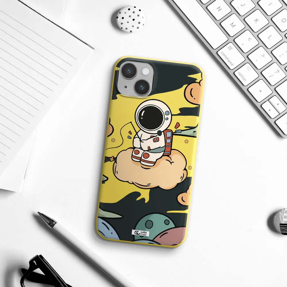 a cartoon astronaut sitting on a cloud Apple iPhone 14 Silicone canary yellow Case