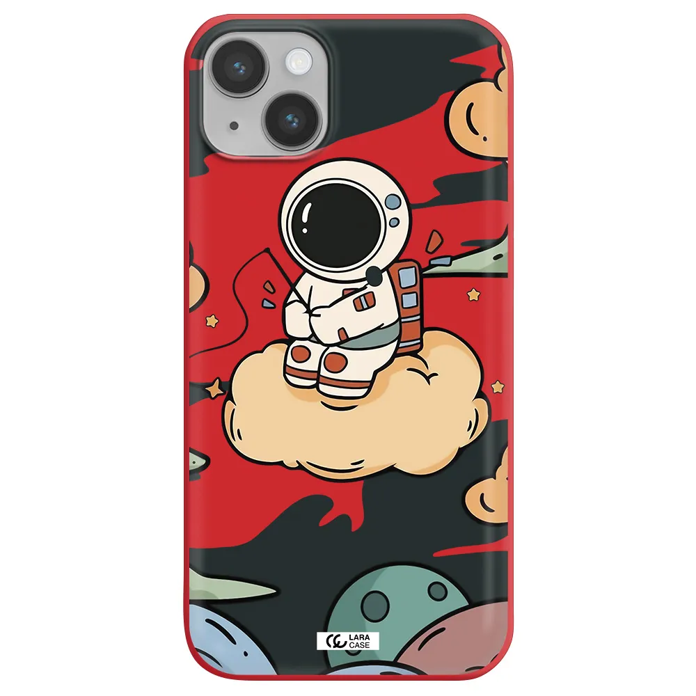 a cartoon astronaut sitting on a cloud Apple iPhone 14 Silicone Imperial Red Case
