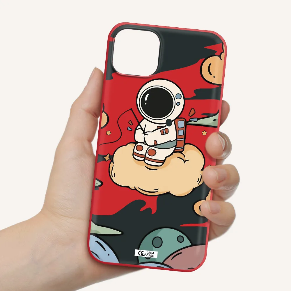 a cartoon astronaut sitting on a cloud Apple iPhone 14 Silicone Imperial Red Case