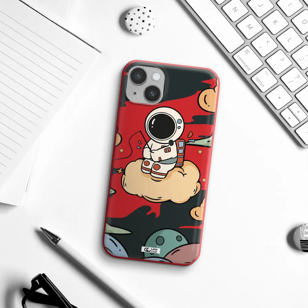 a cartoon astronaut sitting on a cloud Apple iPhone 14 Silicone Imperial Red Case