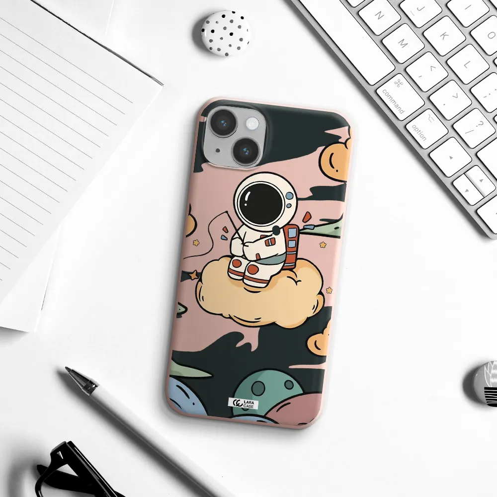 a cartoon astronaut sitting on a cloud Apple iPhone 14 Silicone pastel pink Case