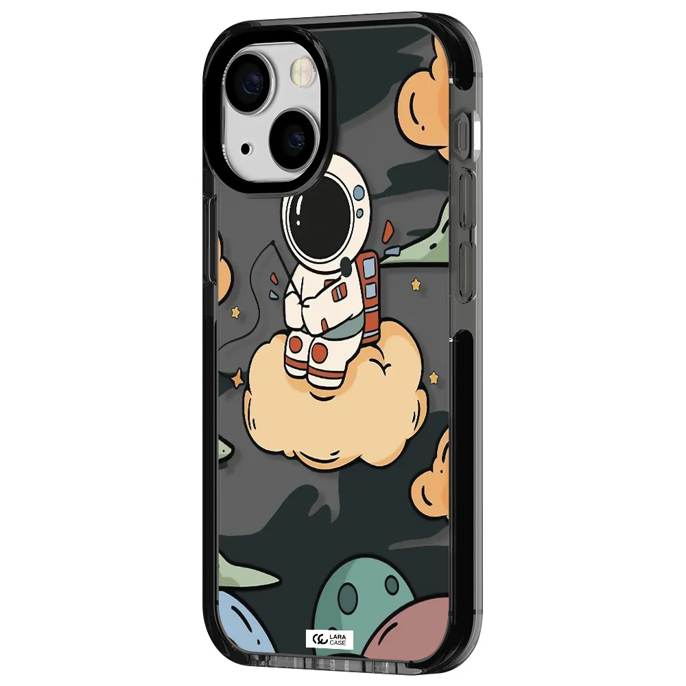 a cartoon astronaut sitting on a cloud Apple iPhone 15 impact Smoke Black Case