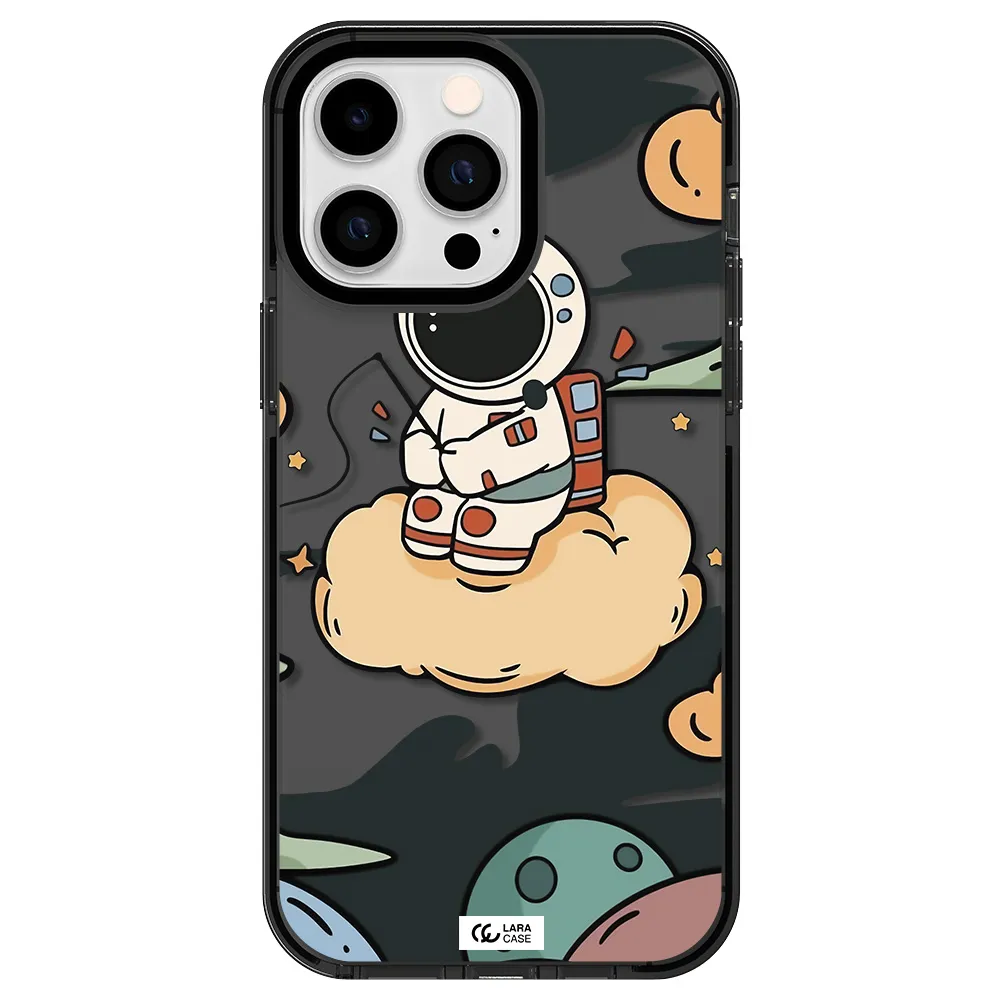 a cartoon astronaut sitting on a cloud Apple iPhone 15 Pro Max impact Smoke Black Case
