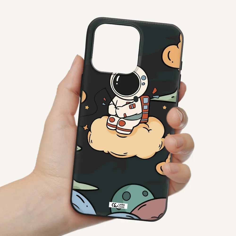 a cartoon astronaut sitting on a cloud Apple Iphone 15 Pro max Silicone black Case