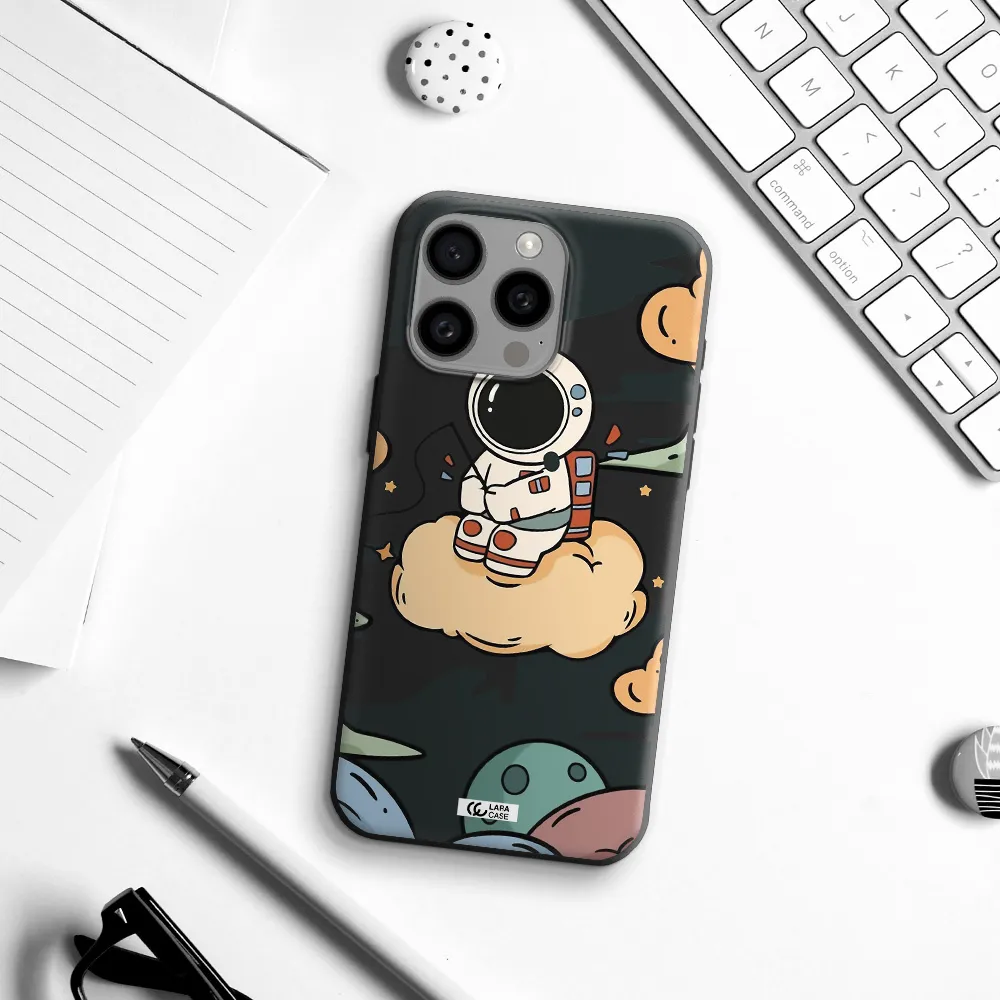 a cartoon astronaut sitting on a cloud Apple Iphone 15 Pro max Silicone black Case
