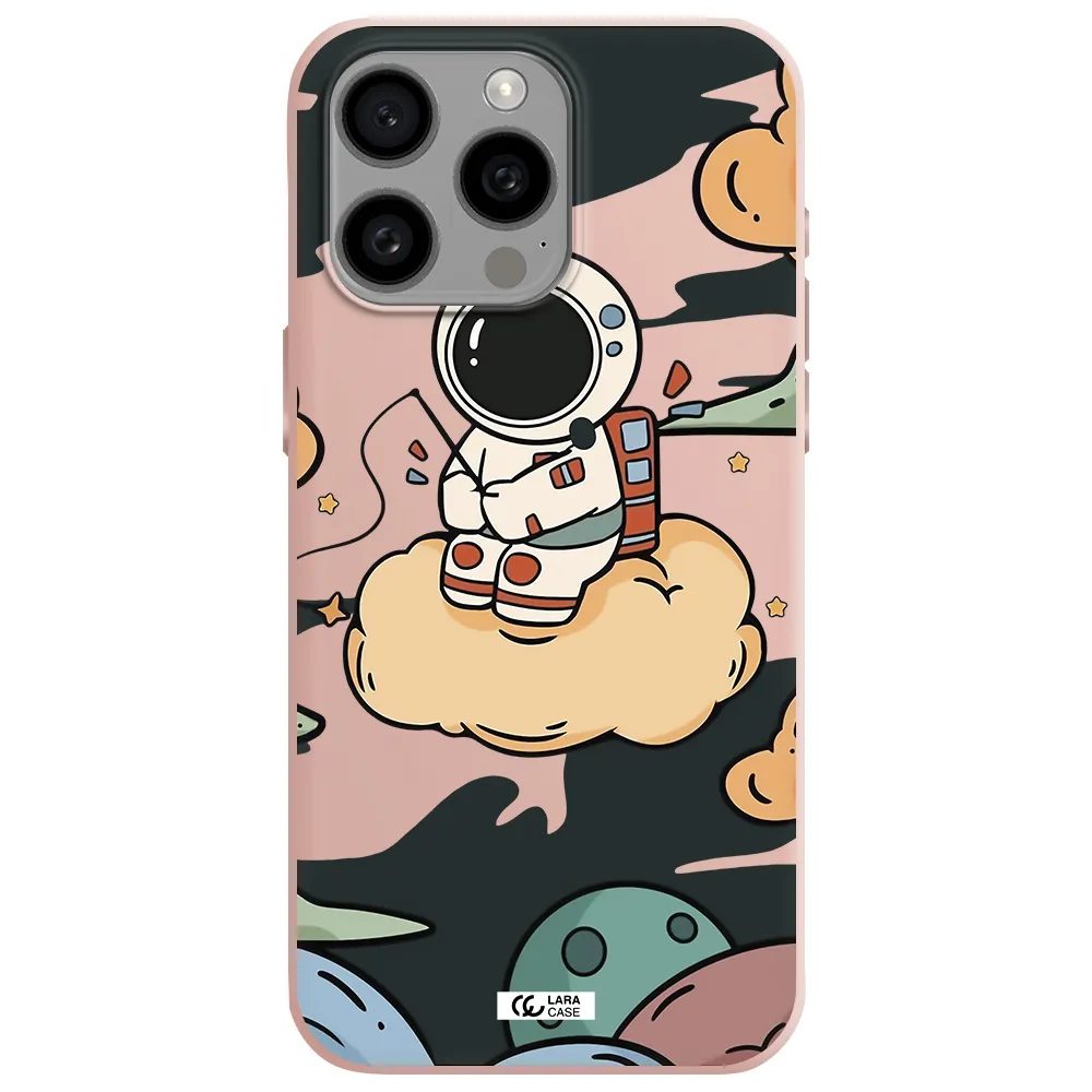 a cartoon astronaut sitting on a cloud Apple Iphone 15 Pro max Silicone pastel pink Case