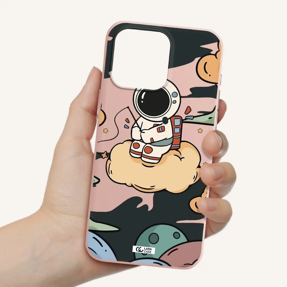 a cartoon astronaut sitting on a cloud Apple Iphone 15 Pro max Silicone pastel pink Case