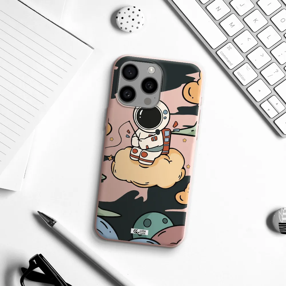 a cartoon astronaut sitting on a cloud Apple Iphone 15 Pro max Silicone pastel pink Case