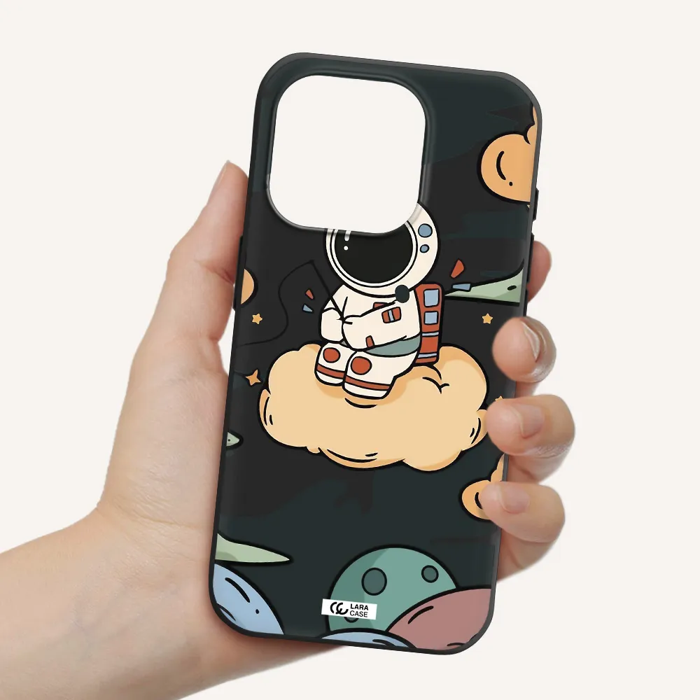 A Cartoon Astronaut Sitting On A Cloud Apple Iphone 15 Pro Silicone Black Case