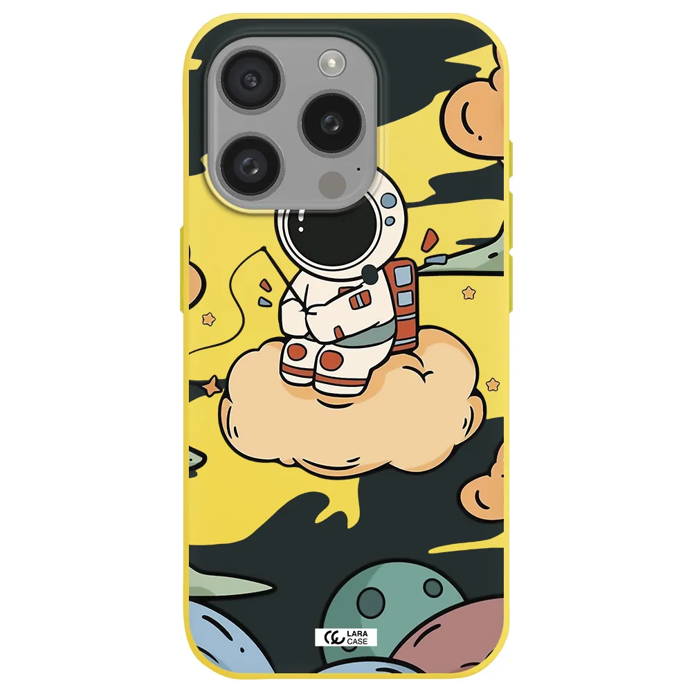 A Cartoon Astronaut Sitting On A Cloud Apple Iphone 15 Pro Silicone Canary Yellow Case