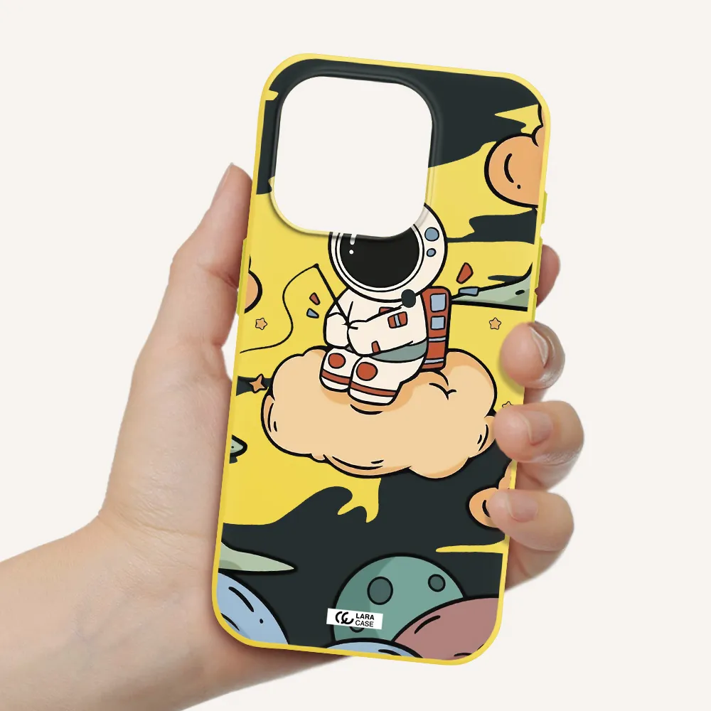 A Cartoon Astronaut Sitting On A Cloud Apple Iphone 15 Pro Silicone Canary Yellow Case