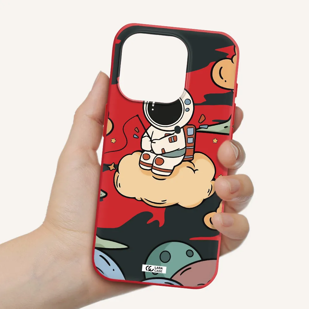 A Cartoon Astronaut Sitting On A Cloud Apple Iphone 15 Pro Silicone Imperial Red Case