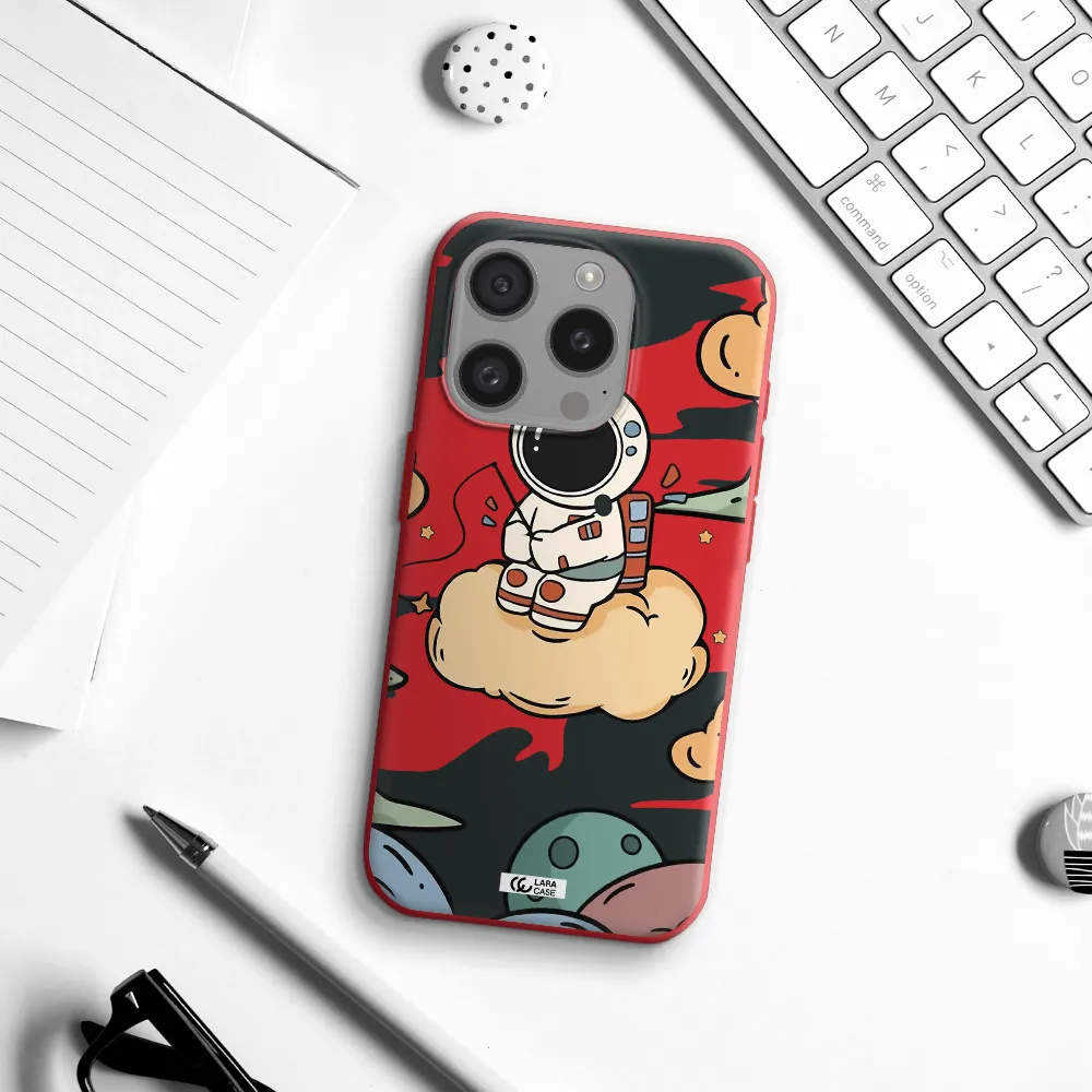 A Cartoon Astronaut Sitting On A Cloud Apple Iphone 15 Pro Silicone Imperial Red Case