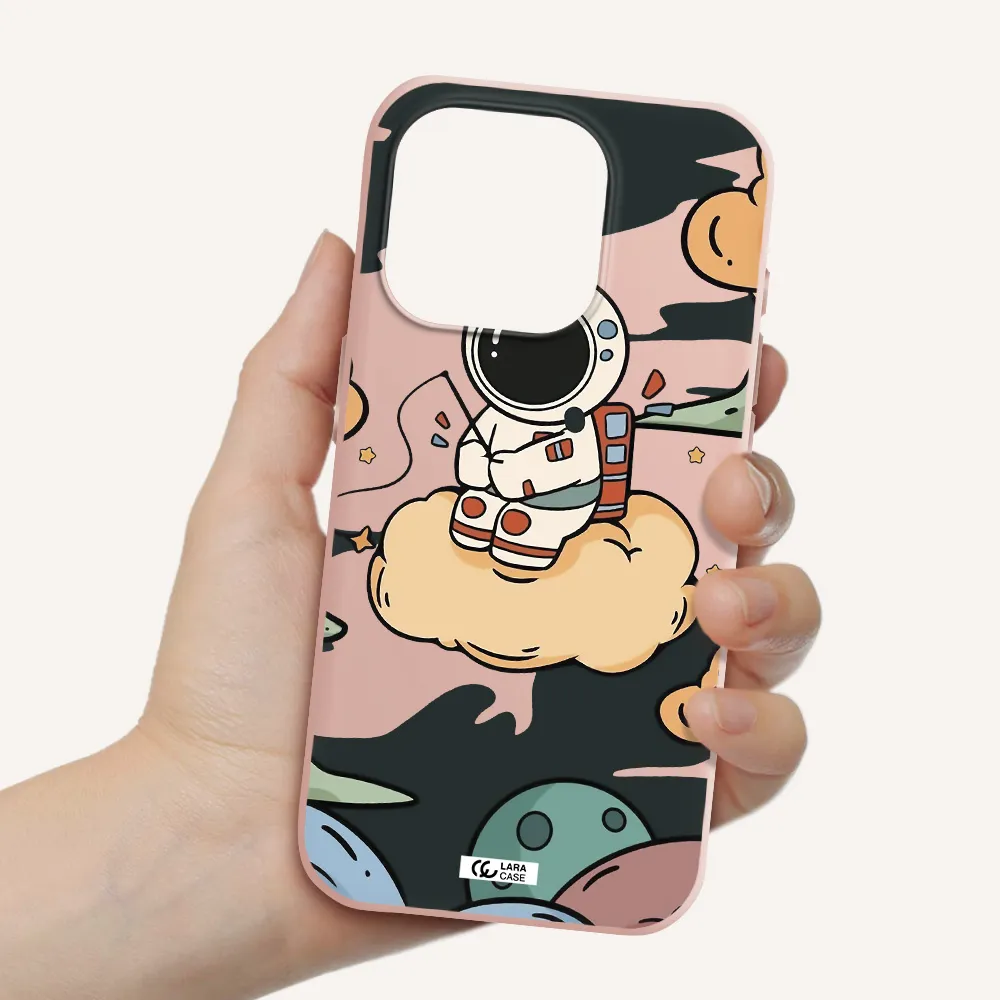 A Cartoon Astronaut Sitting On A Cloud Apple Iphone 15 Pro Silicone Pastel Pink Case