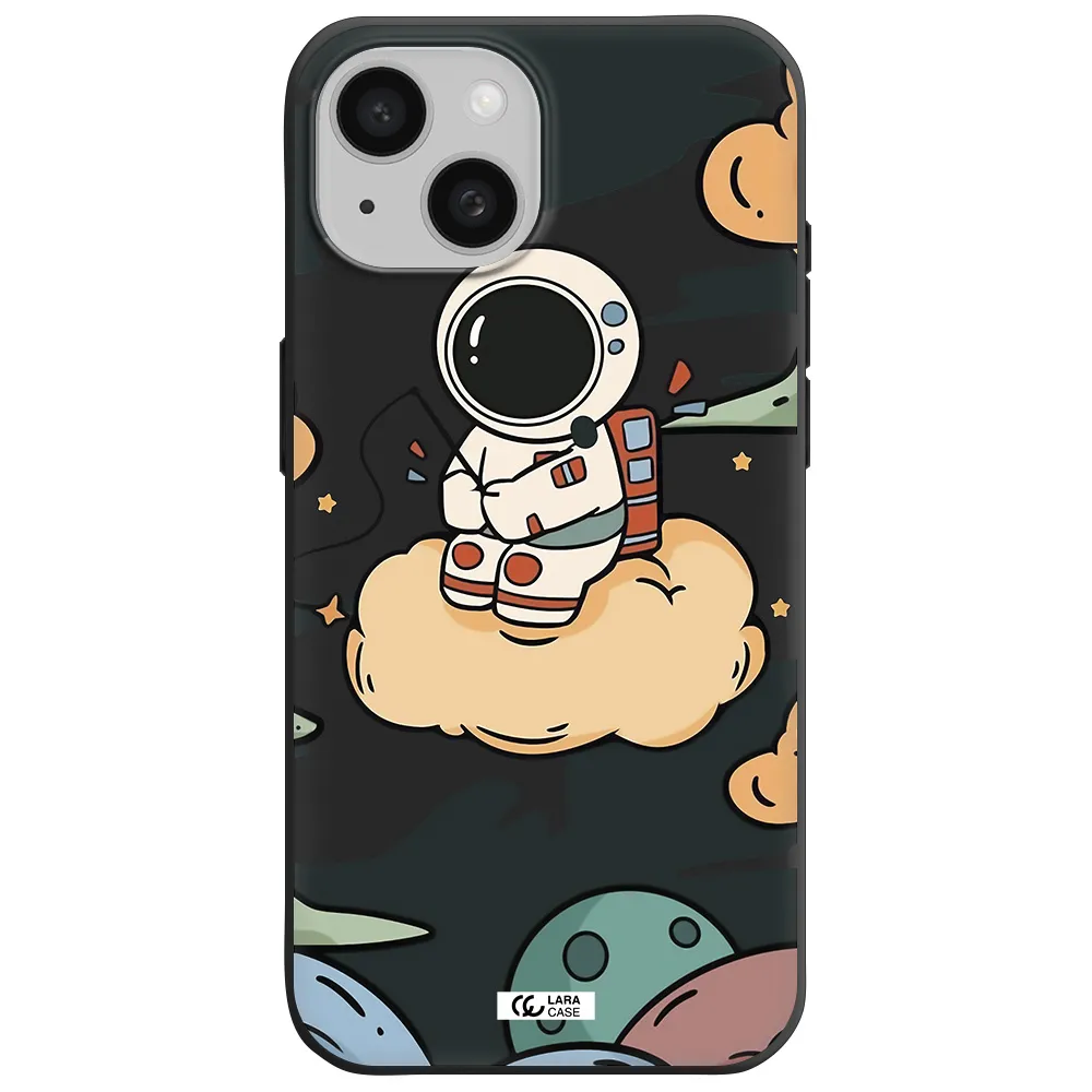 a cartoon astronaut sitting on a cloud Apple iPhone 15 Silicone black Case