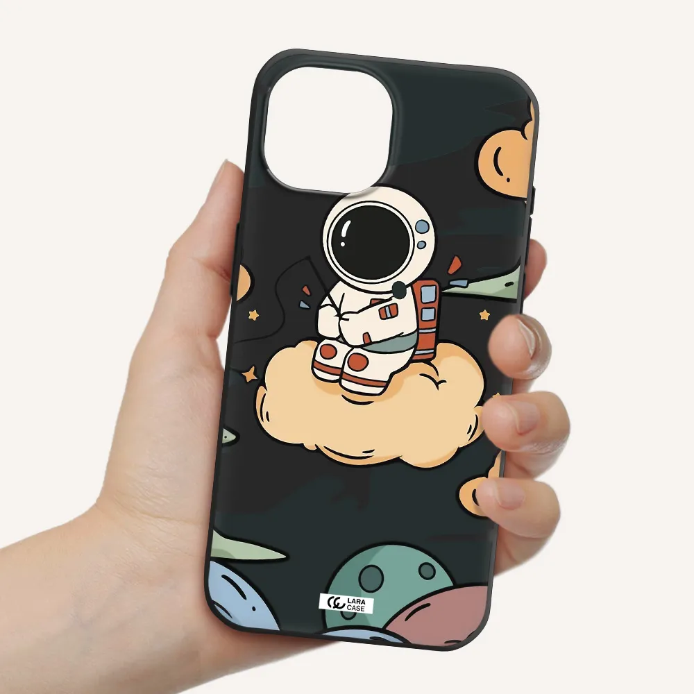 a cartoon astronaut sitting on a cloud Apple iPhone 15 Silicone black Case