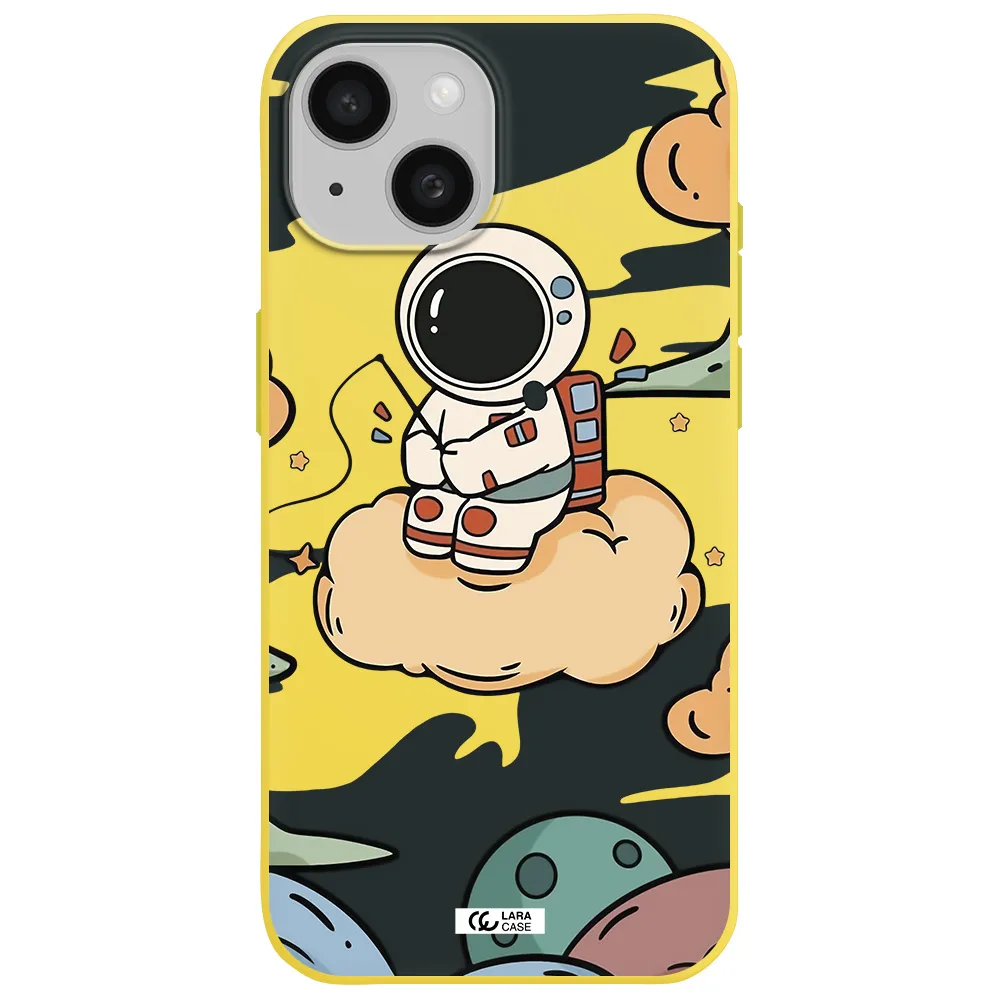 a cartoon astronaut sitting on a cloud Apple iPhone 15 Silicone canary yellow Case