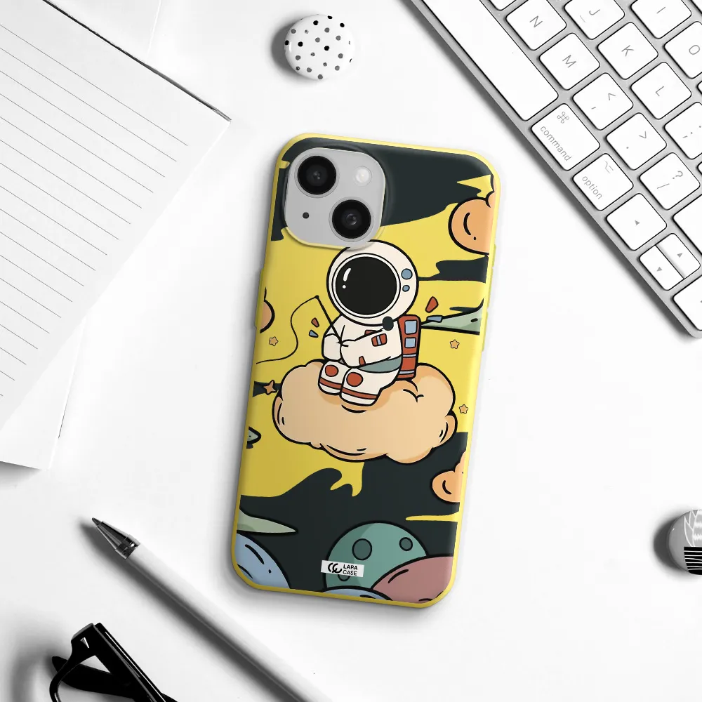 a cartoon astronaut sitting on a cloud Apple iPhone 15 Silicone canary yellow Case