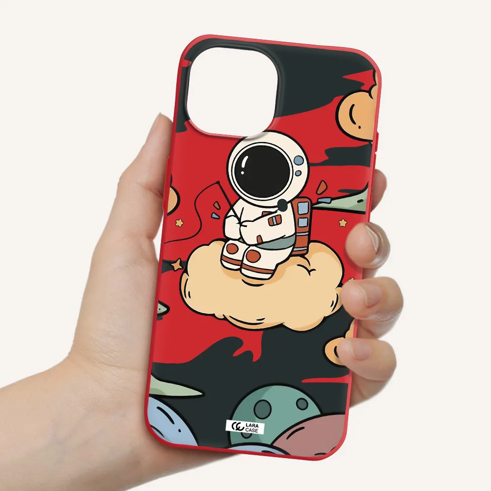 A Cartoon Astronaut Sitting On A Cloud Apple Iphone 15 Silicone Imperial Red Case