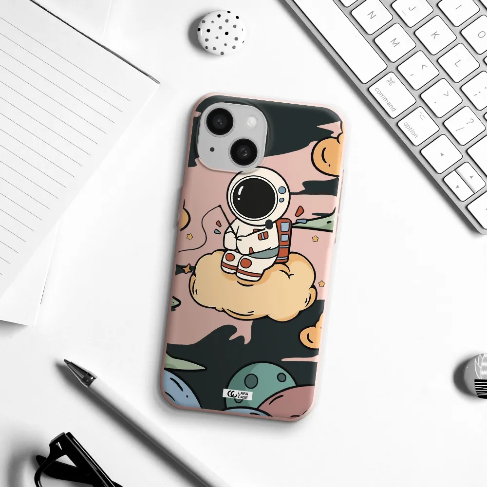 A Cartoon Astronaut Sitting On A Cloud Apple Iphone 15 Silicone Pastel Pink Case
