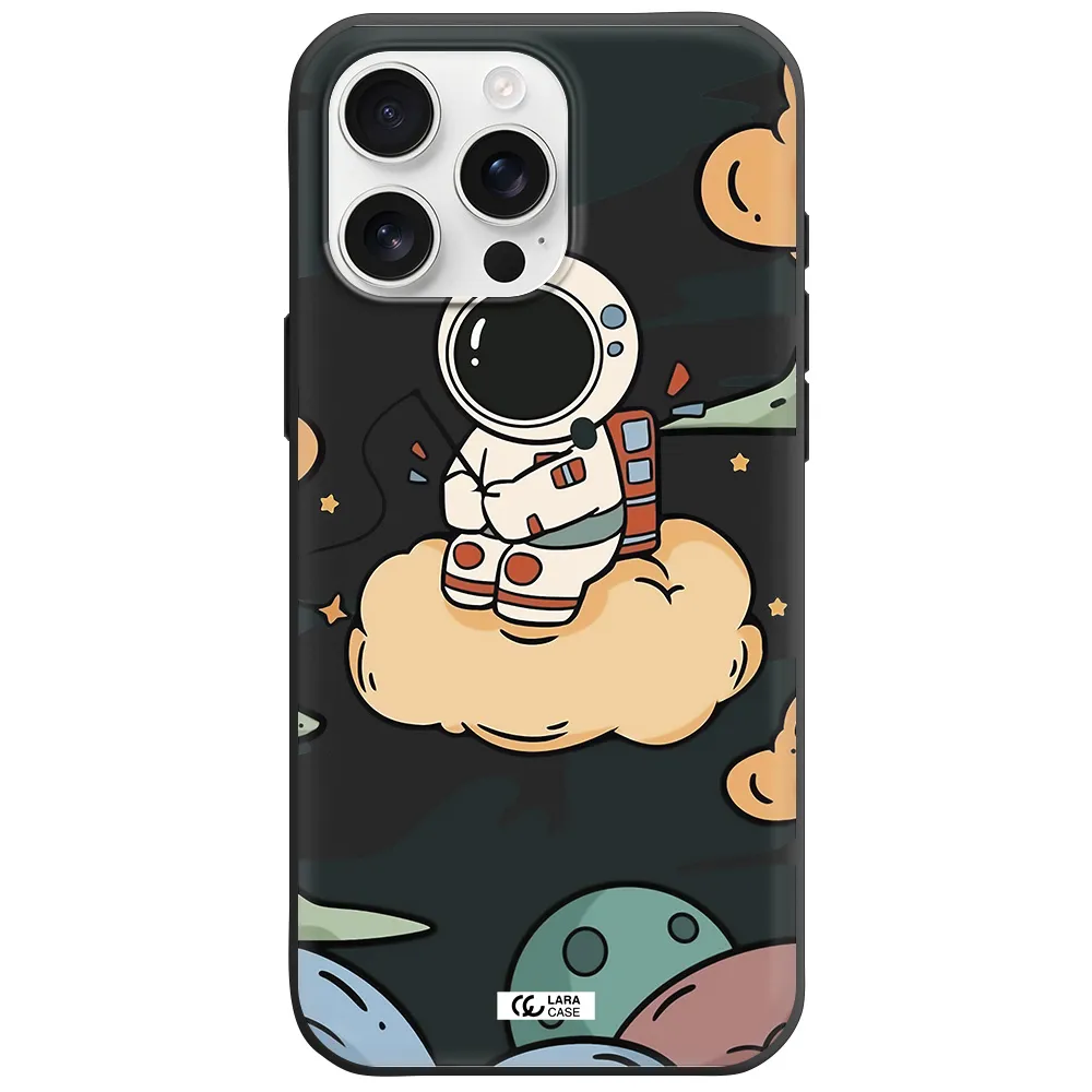 A Cartoon Astronaut Sitting On A Cloud Apple Iphone 16 Pro Max Silicone Black Case