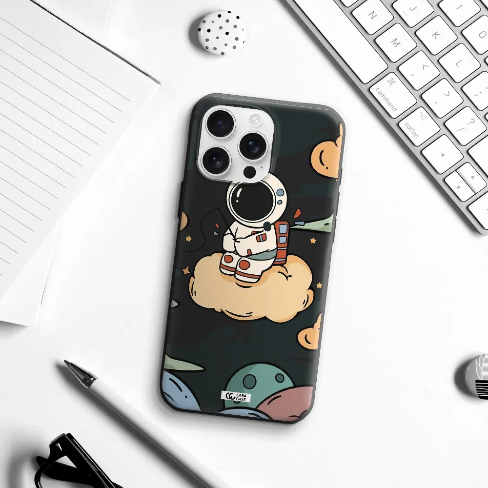 A Cartoon Astronaut Sitting On A Cloud Apple Iphone 16 Pro Max Silicone Black Case