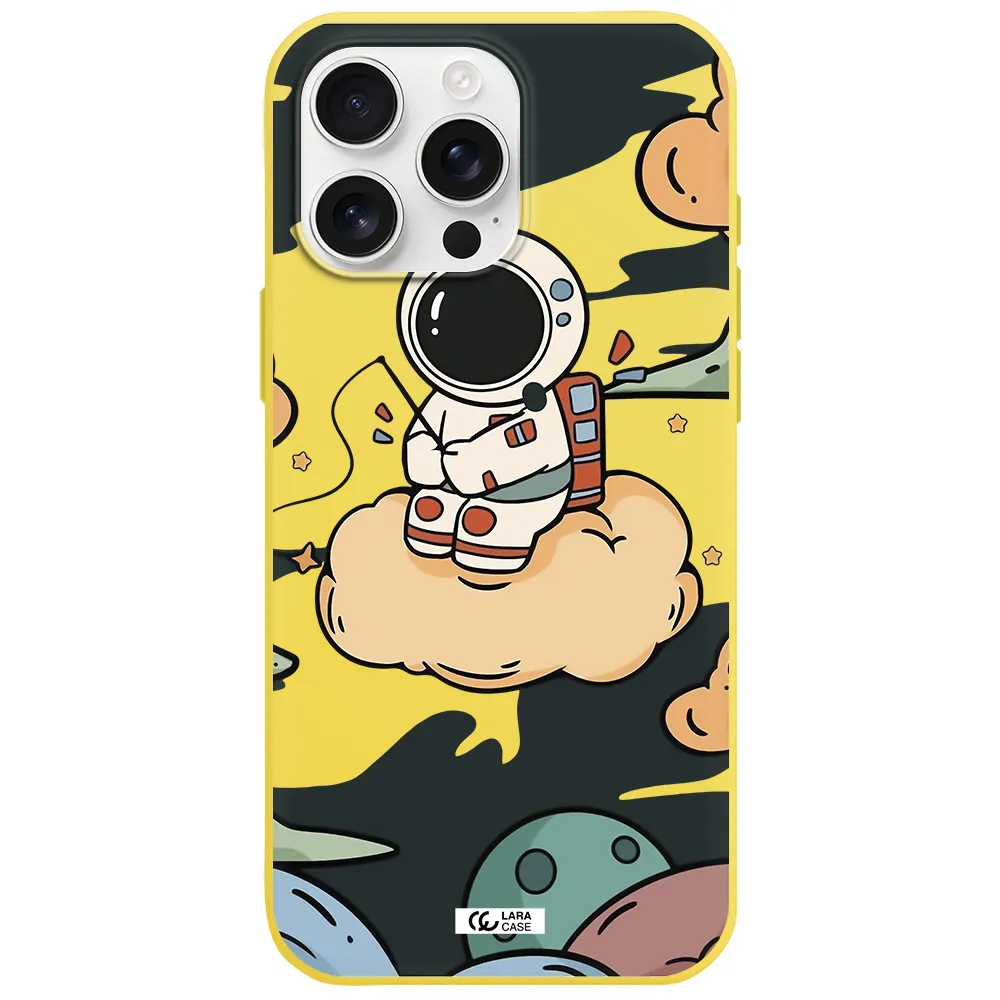 A Cartoon Astronaut Sitting On A Cloud Apple Iphone 16 Pro Max Silicone Canary Yellow Case