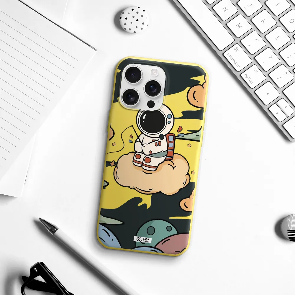 A Cartoon Astronaut Sitting On A Cloud Apple Iphone 16 Pro Max Silicone Canary Yellow Case