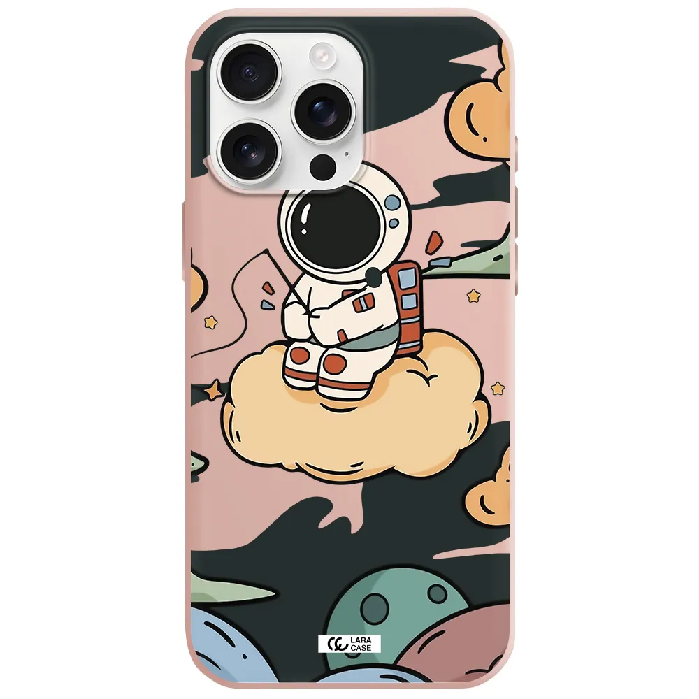 A Cartoon Astronaut Sitting On A Cloud Apple Iphone 16 Pro Max Silicone Pastel Pink Case