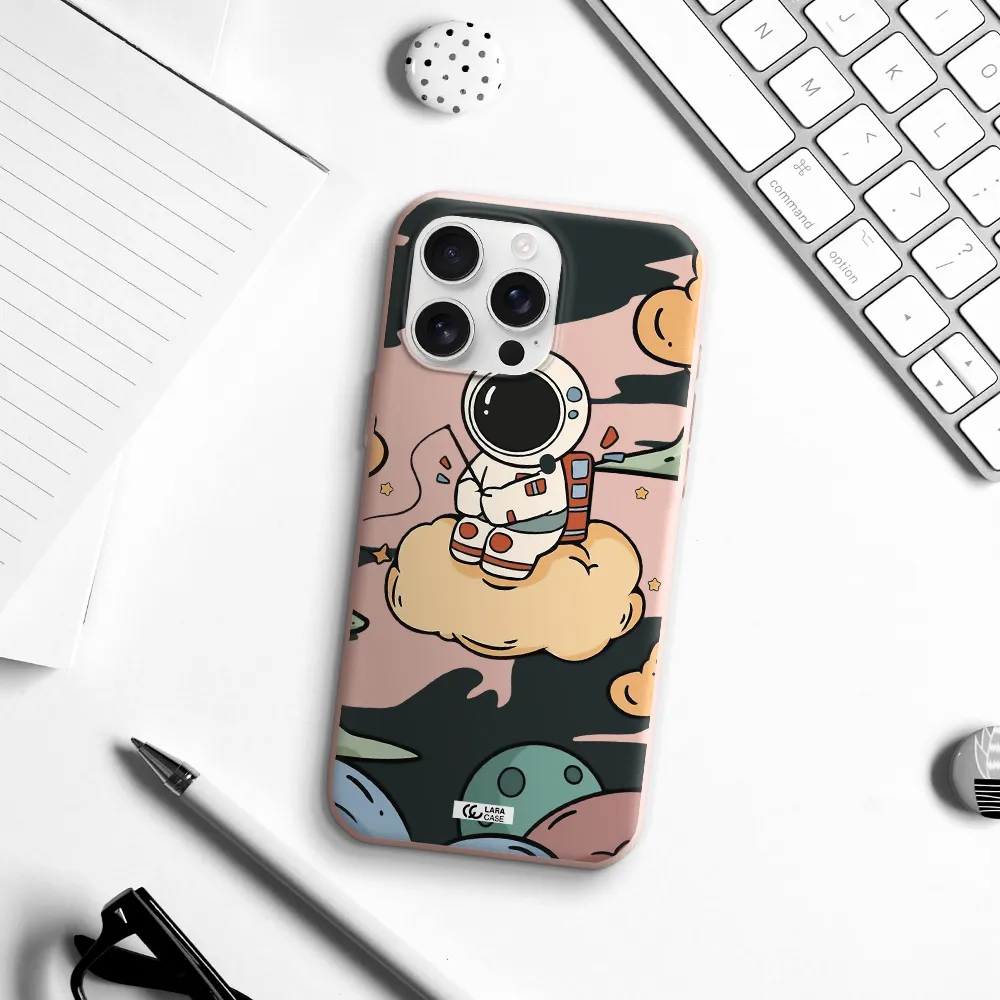 A Cartoon Astronaut Sitting On A Cloud Apple Iphone 16 Pro Max Silicone Pastel Pink Case