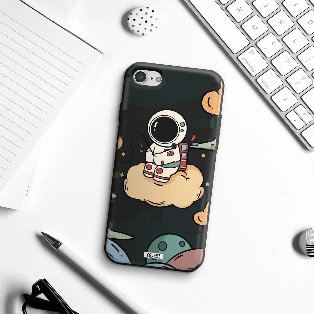 a cartoon astronaut sitting on a cloud Apple iPhone 8 Silicone black Case